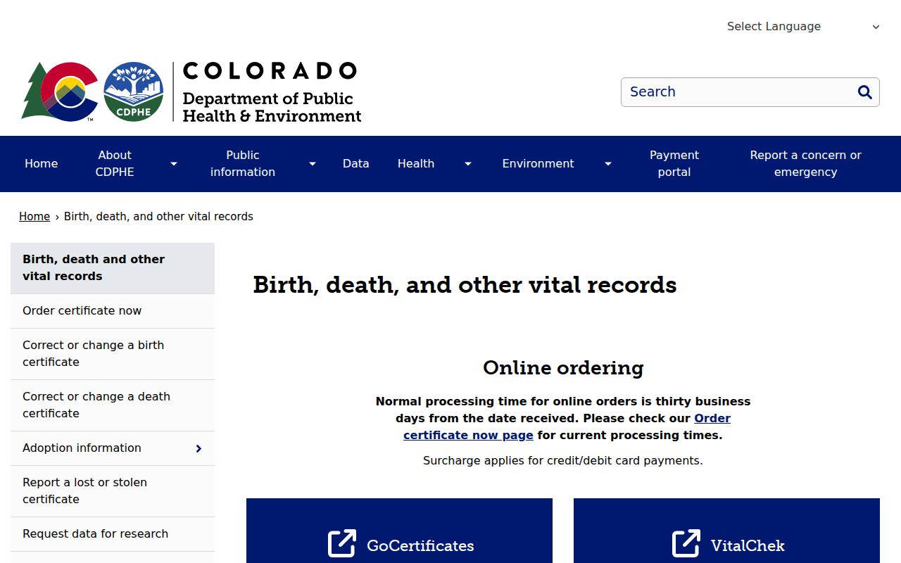 Commerce City resident lookup Colorado vital records office